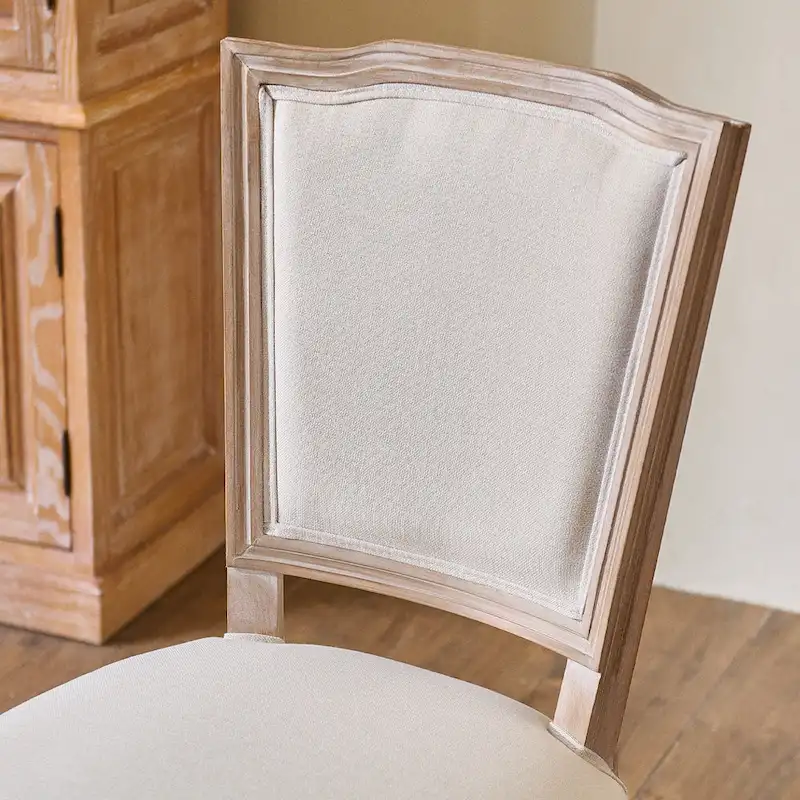 Set of 2 French Side Chairs with Carved Wood Legs & Linen Upholstery