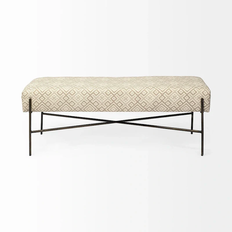 Avery I Olive & Beige Upholstered Patterned Seat Accent Bench - 55W x 17D x 18H