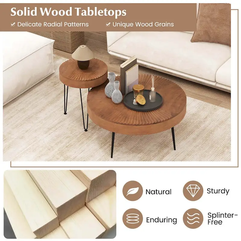 Costway Farmhouse Round CoffeeTable Set of 2 End Table Natural Finish - See Details