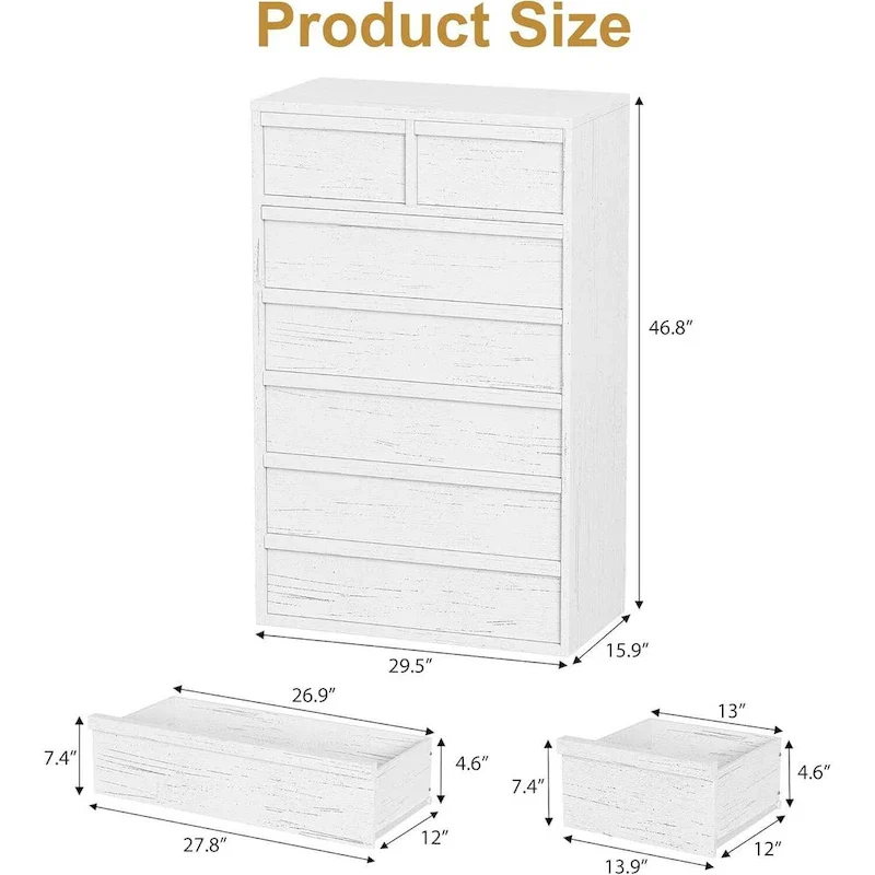 7-Drawer Tall Dresser - White Wood Storage Cabinet