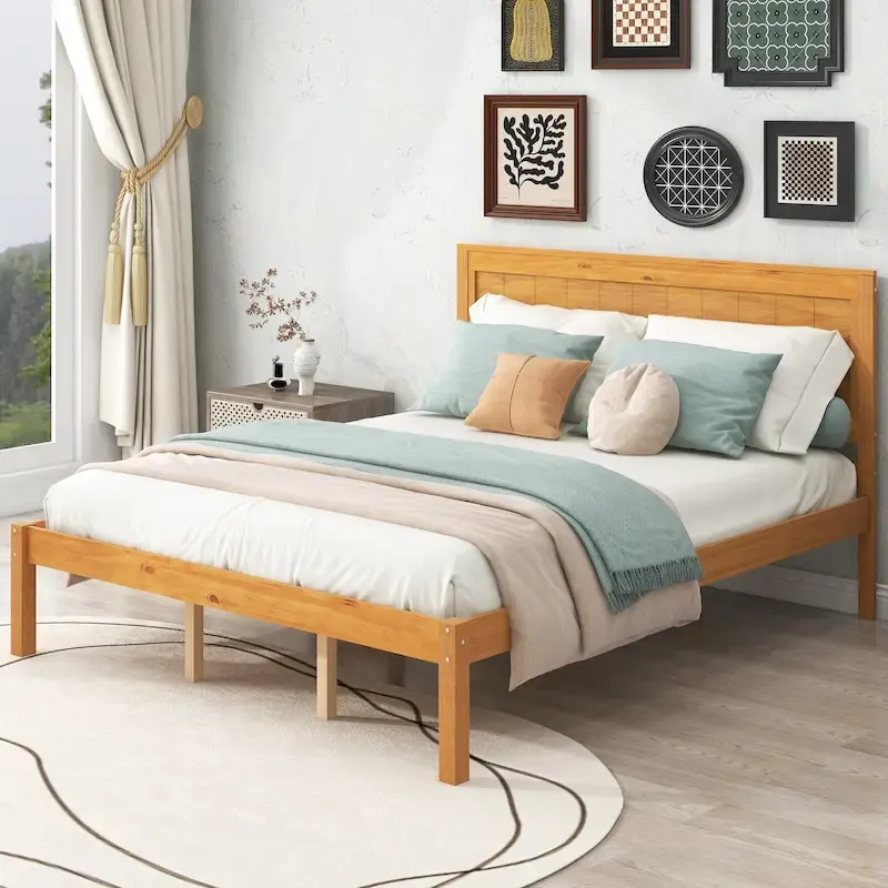 Oak Platform Bed Frame with Headboard, Wood Slat Support
