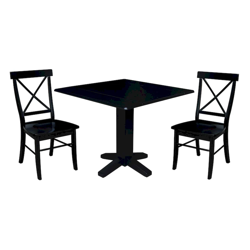 36  Solid Wood Square Dual Drop Leaf Dining Table with 2 Dining Chairs