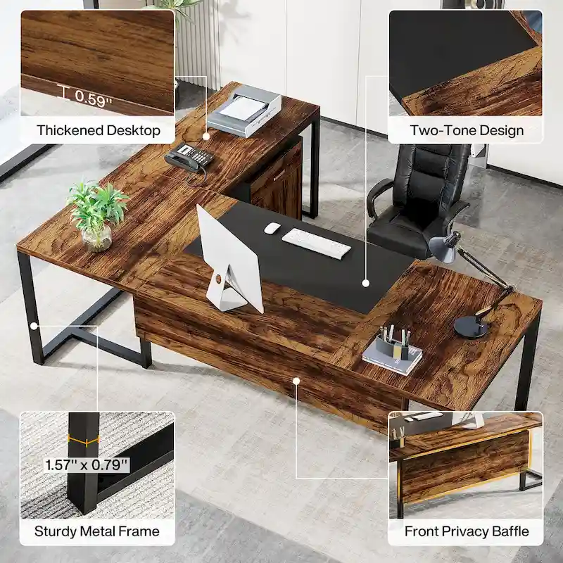 70.8 Inch Executive Desk with File Cabinet Large L Shaped Office Executive Desk Computer Desk