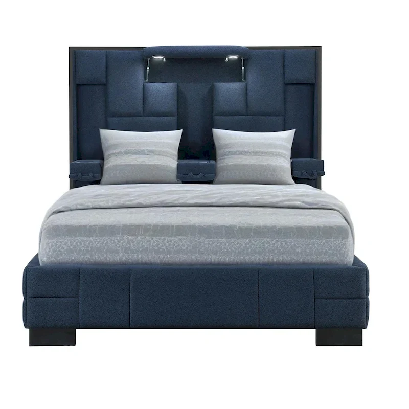 Navy Blue Upholstered Lighted Queen Bed Frame with USB
