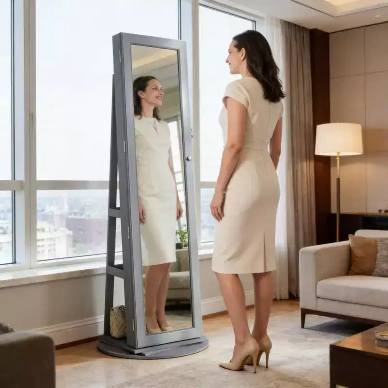 TUYOHW 360 Swivel Full Length Mirror with Stable Rotating Base Standing Mirror with Jewelry Cabinet Mirror for Entryway, Living Room, Bedroom