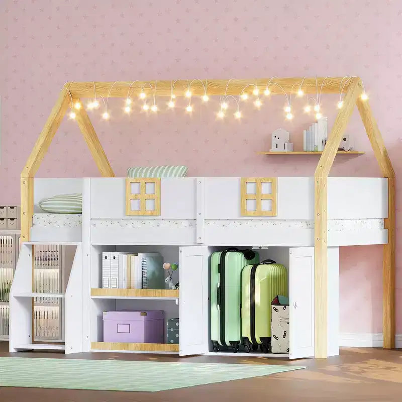 Luxystar Low Loft Bed with 2 Shelves, Cabinet and Lights, White and Natural
