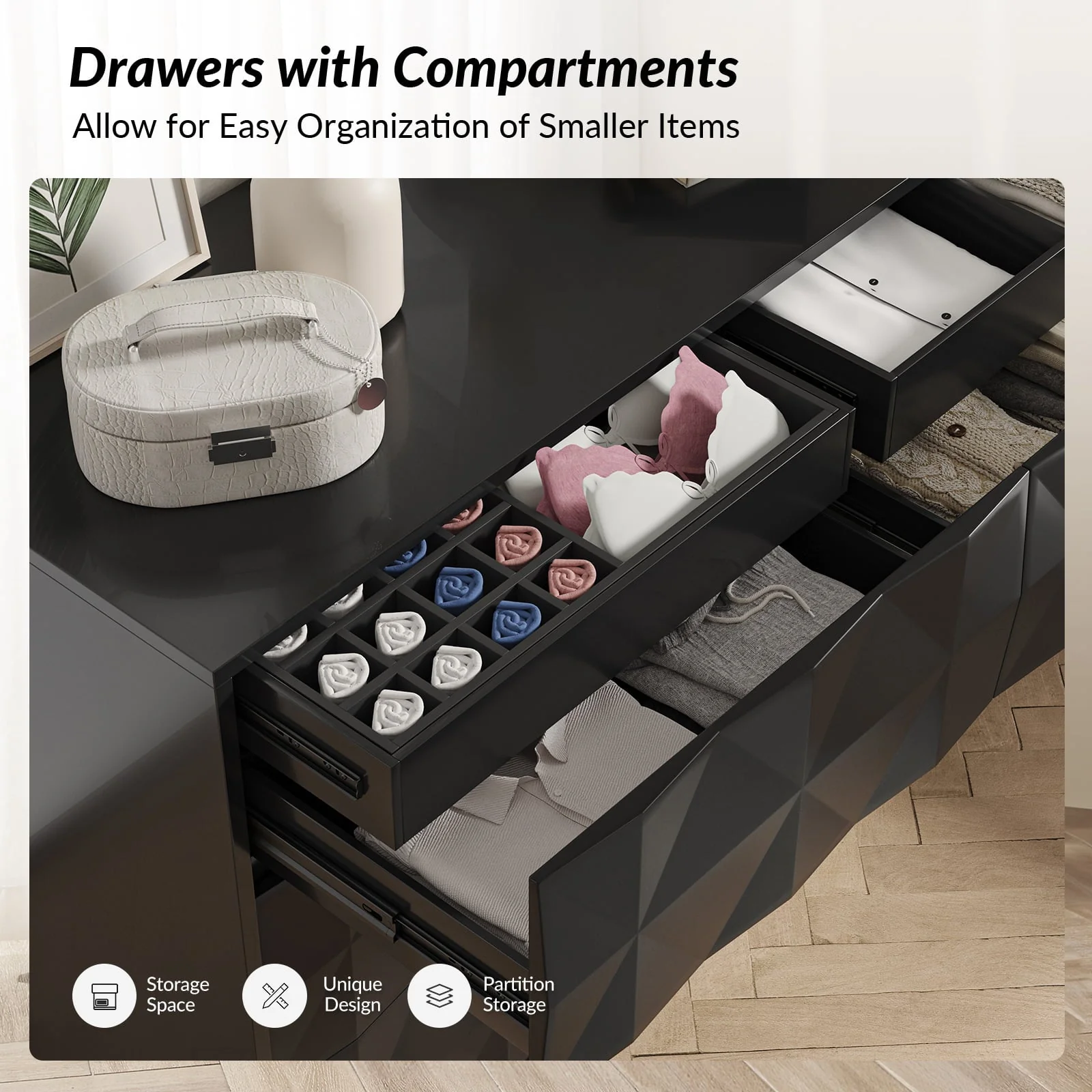 50 in Geometric Pattern 8-Drawer Dresser with Internal Dividers, Metal Glides & Adjustable Feet | Black / Navy | Single