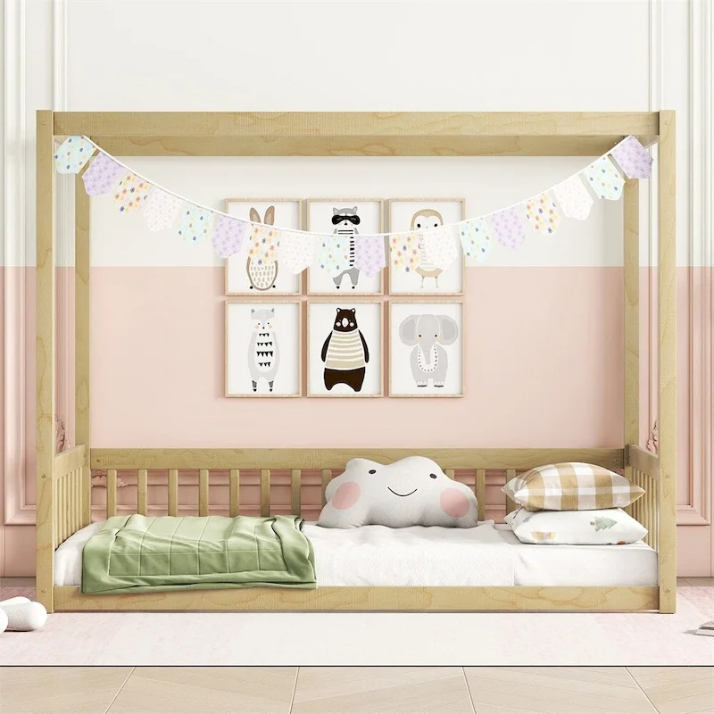 Twin Floor Bed with Canopy Frame & Guardrails, Grey / White / Natural, Single