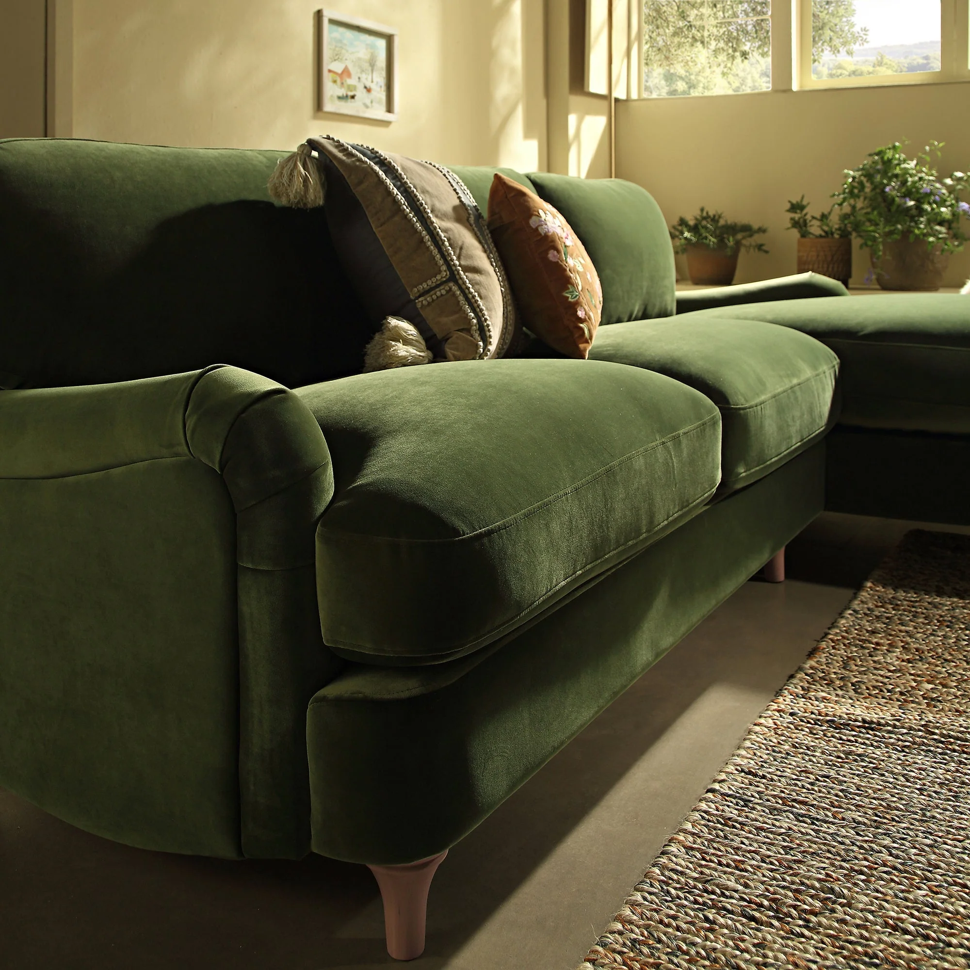 Fern Green Velvet Sofa, Grande Chaise Sofa Right Hand Facing