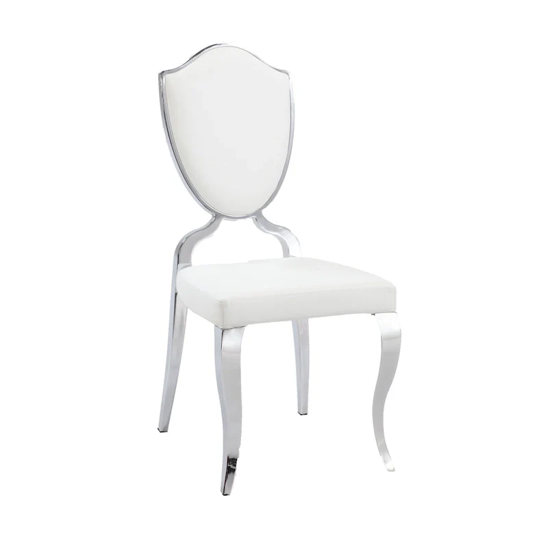 White Faux Leather Shield Back Dining Chair, Chrome Legs, Set of 2
