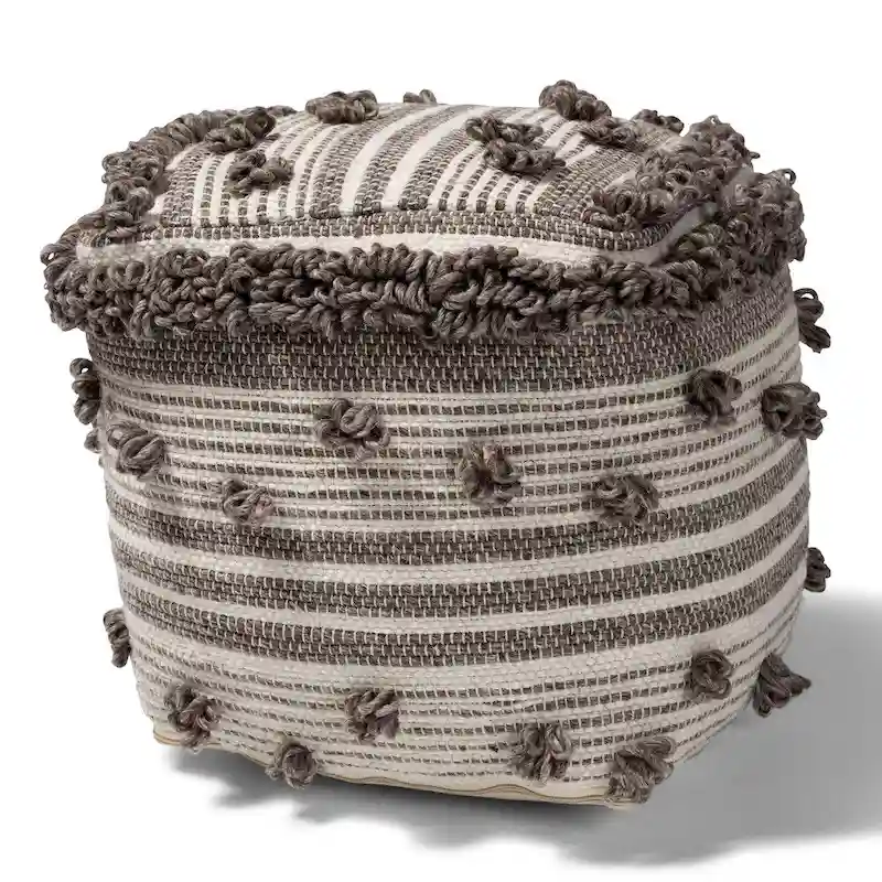 The Curated Nomad Koroh Moroccan Ivory and Brown Handwoven Wool Pouf Ottoman