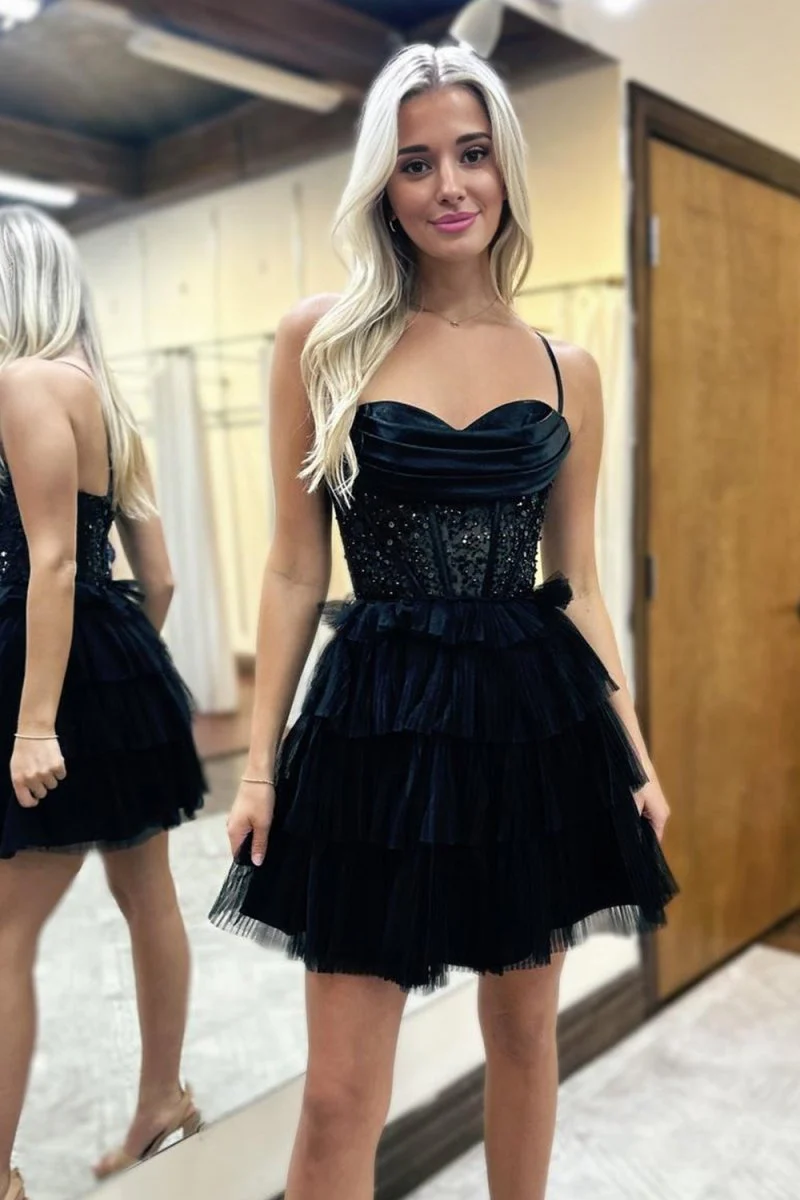 Peacock Blue Spaghetti Straps A-Line Tulle Tiered Corset Homecoming Dress