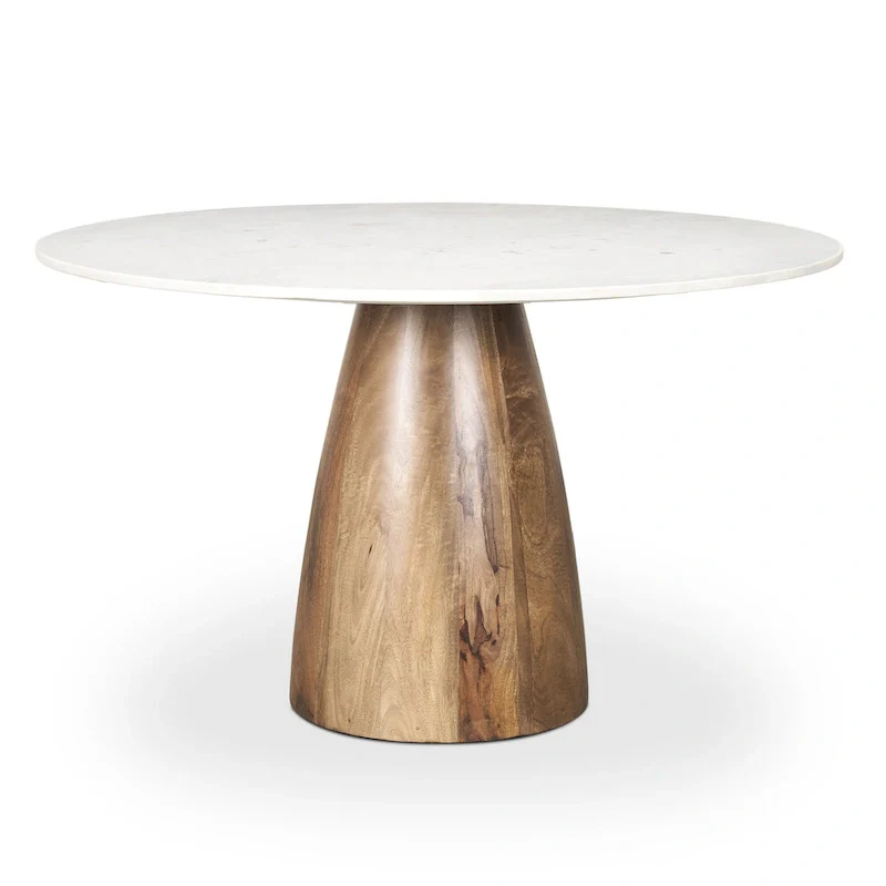 White Marble & Medium Brown Round Pedestal Dining Table, Seats 4