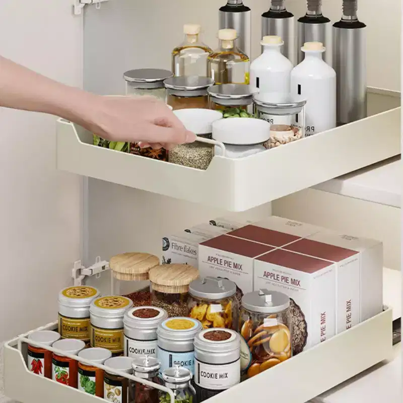 Pull Out Cabinet Organizer Fixed With Adhesive Film, Heavy Duty Slide Out Pantry Shelves for Kitchen