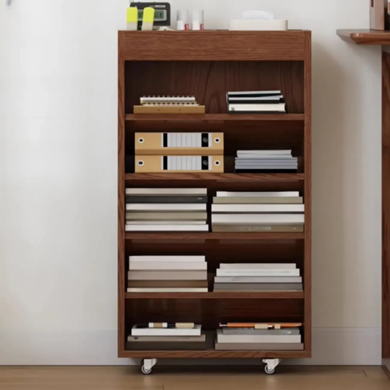 Mobile 5-Shelf Nut-Brown Wood Vertical Bookcase