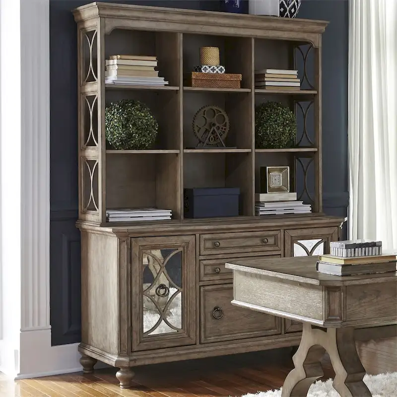 Simply Elegant White, Brown & Heathered Taupe Credenza Hutch