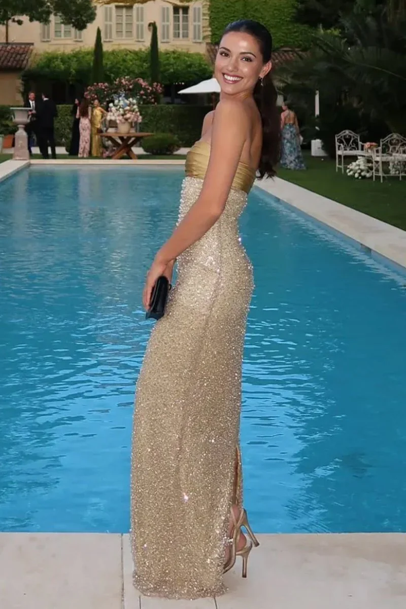 Gold - Strapless Mermaid Sequined Pleated Long Prom Dresses With Pearls
