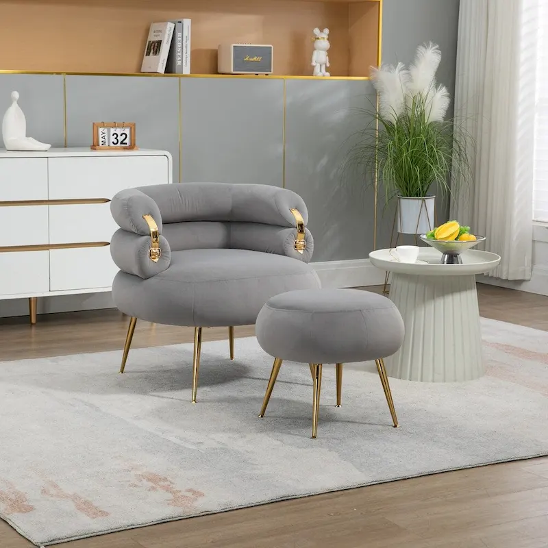 Velvet Accent Chair with Ottoman, Tufted, Gold Metal Legs, Orange / Grey / Beige / Green / Wine Red, 1 Person