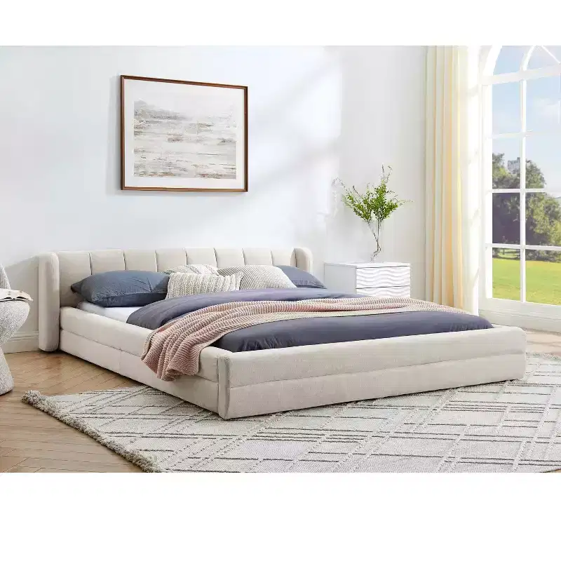 MAYEERTY Queen Size Upholstered Bed Frame with Thick Fabric Headboard Solid Frame for Bedroom Beige