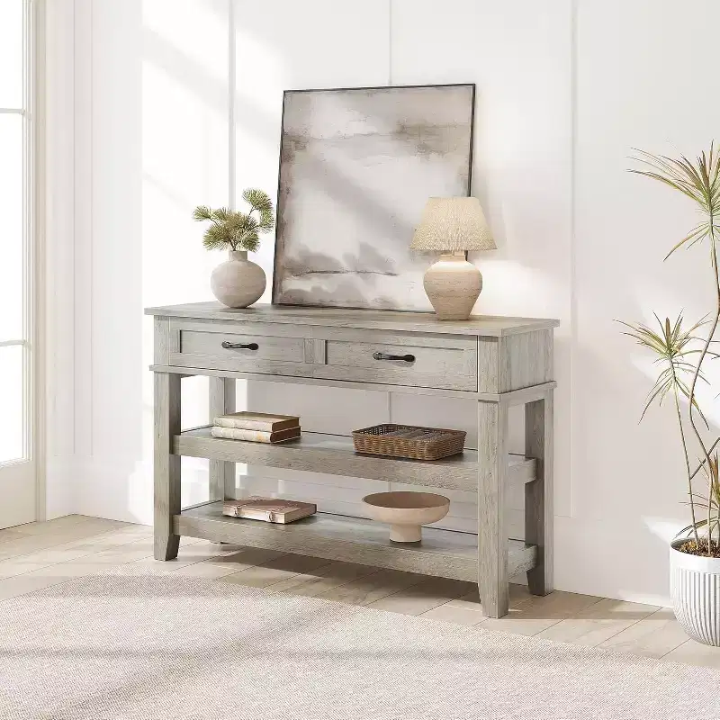 47.2 Entryway Table Console Table, 2 Storage Drawers, Wooden Construction, 3 Tier Farmhouse Wooden Sofa Table, for Entryway Living Room