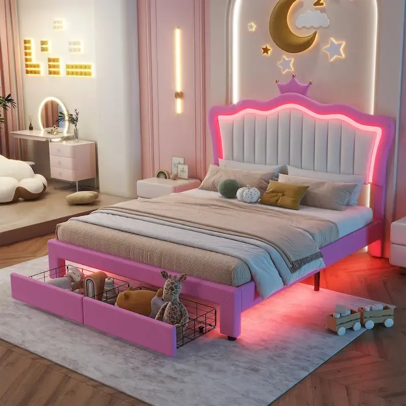Full Size Upholstered Bed Frame with LED Lights, Modern Upholstered Princess Bed with Crown Headboard, 2 Drawers, Pink+White