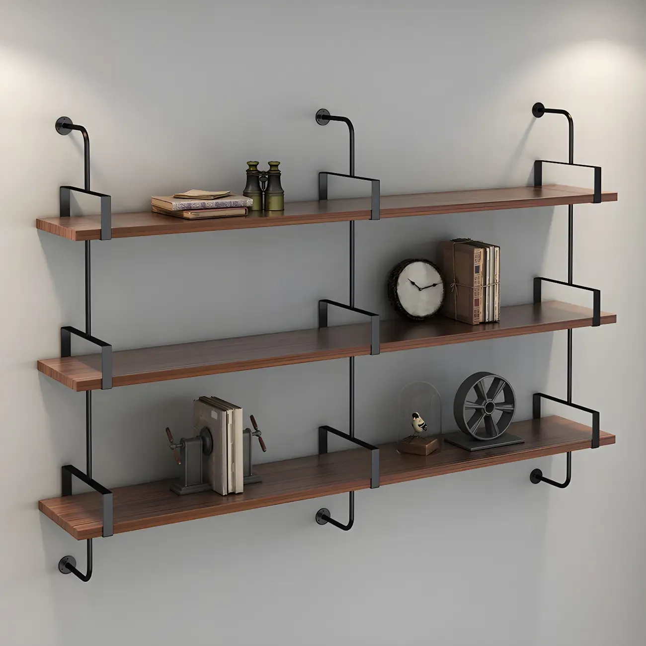 Industrial Wide 3-Tier Wooden Floating Bookcase