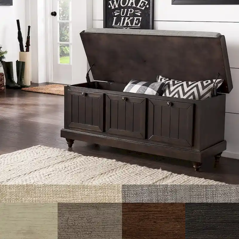 Farmhouse Storage Bench with Upholstered Seat Cushion