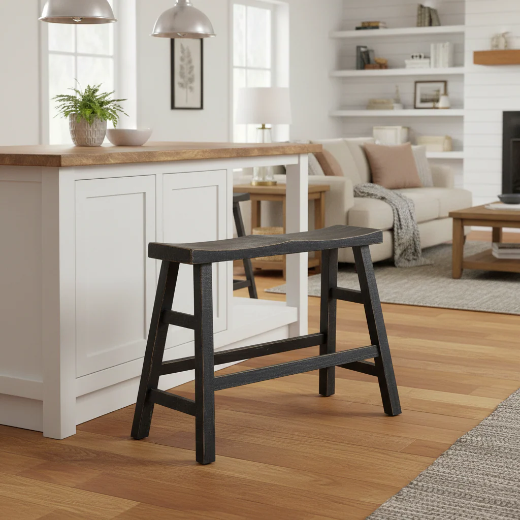 Black Solid Mahogany Counter Height Bench with Saddle Seat – 1 Person