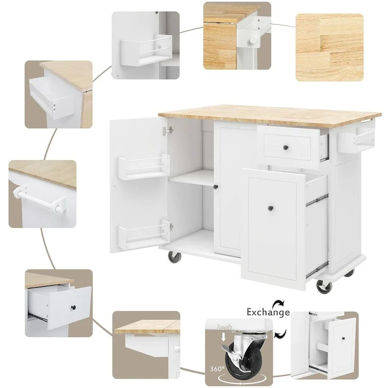 53.9 W Modern Versatile Kitchen Island with Drop Leaf and 3 Drawer Cabinets