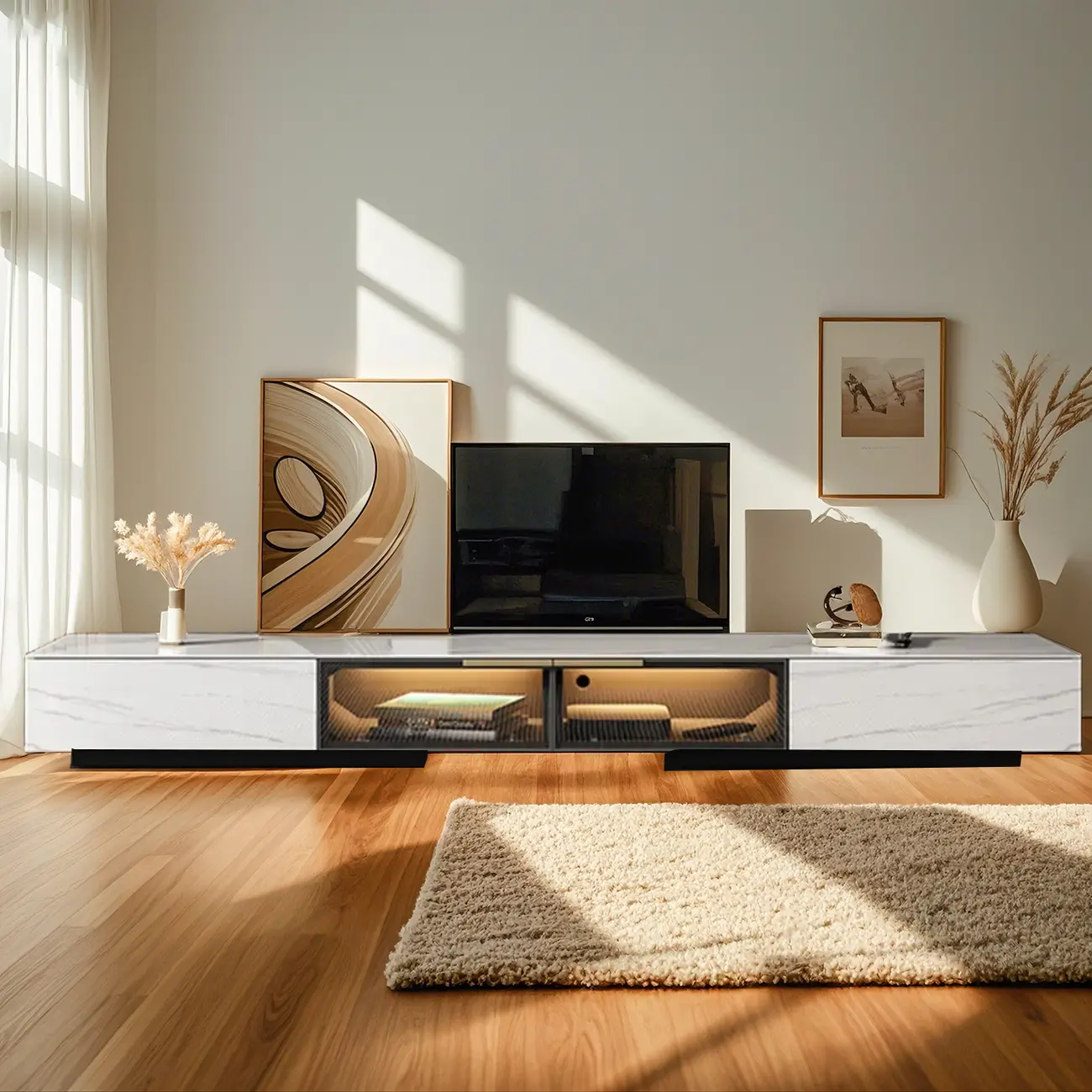 Black Modern Stone Rectangle Drawers TV Stand with LED Lights