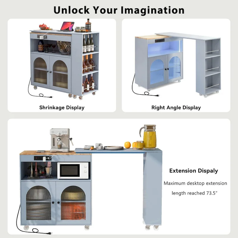 33 in. W Kitchen Island Rubberwood Top on 8 Wheels With Extended Table, LED Lights, Power Outlets