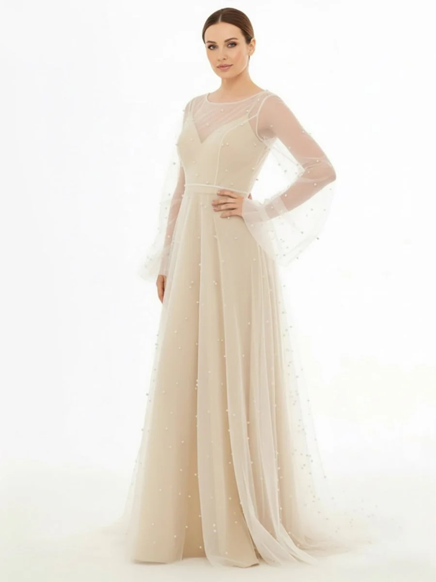 Simple Modest A-Line Long Sleeve Tulle Elopement Illusion Wedding Dress with Pearl