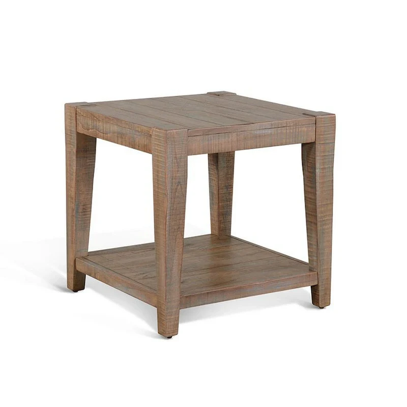 Light Brown Mahogany Square Side End Table with Lower Shelf and Tapered Legs