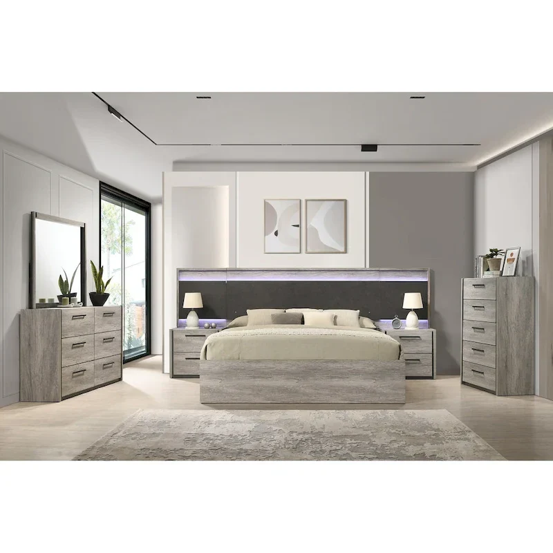 LED Wall Bed with Nightstands Dresser Mirror & Chest Weathered Gray