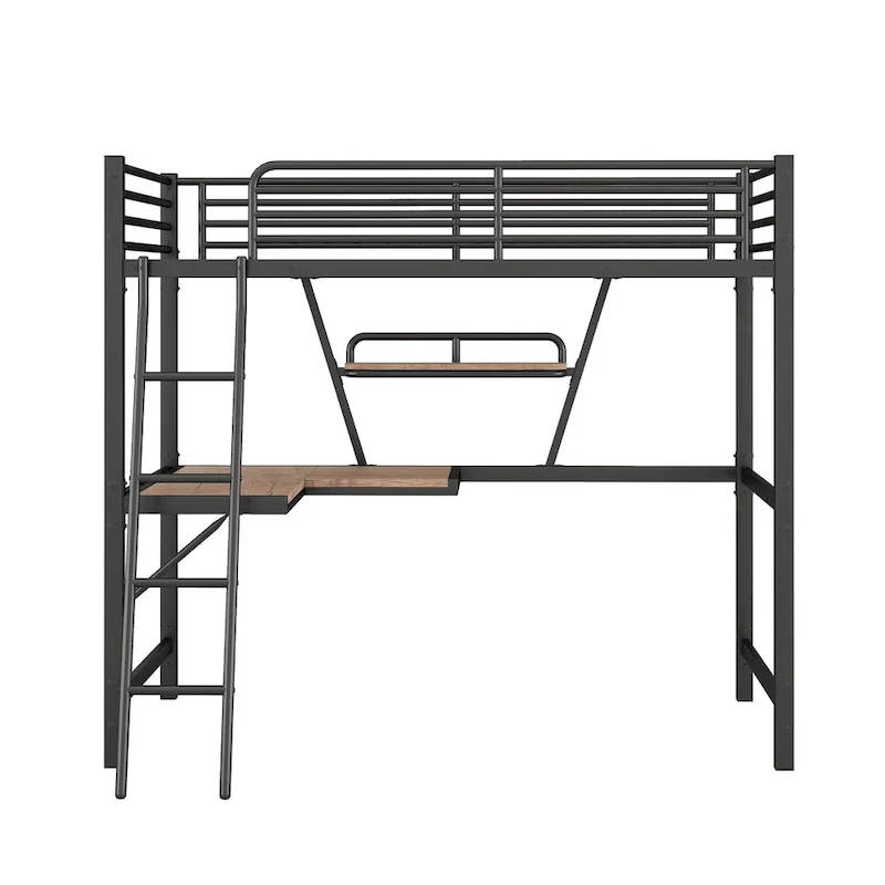 Twin Metal Loft Bed with Desk and Guardrail