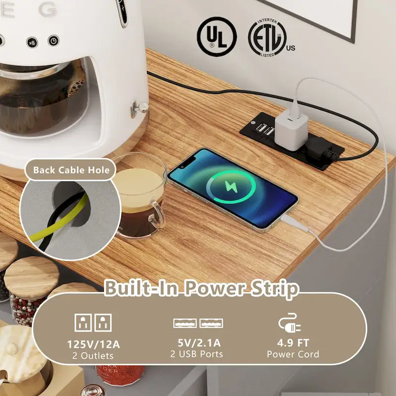 Gymax Tilt Out Trash Can Cabinet w/ Outlets 2 Drawers Adjustable Shelf