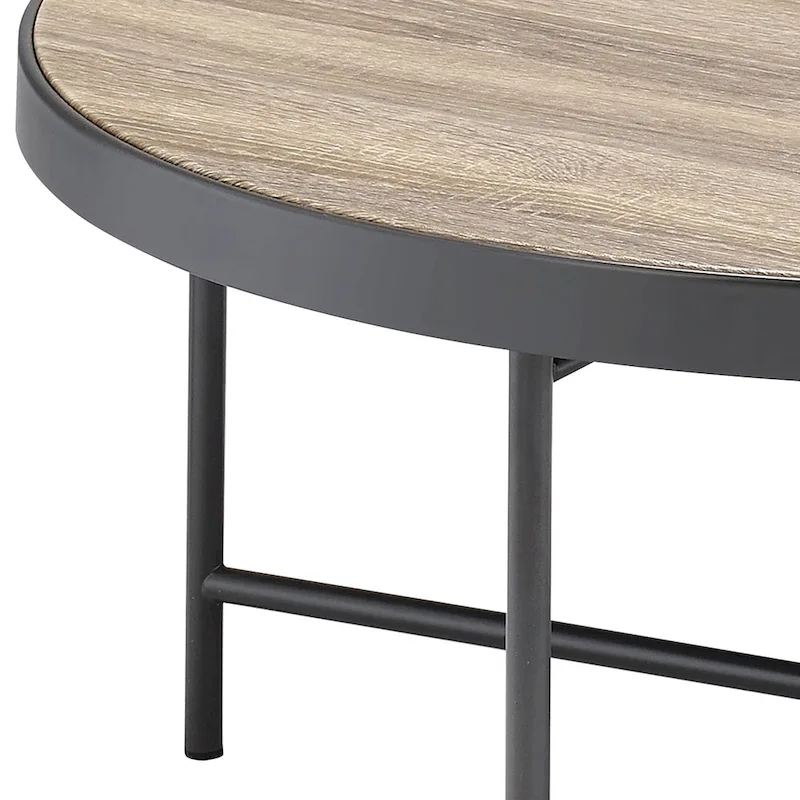 Round Farmhouse-Industrial Coffee Table – Weathered Grey Oak & Black Metal Frame