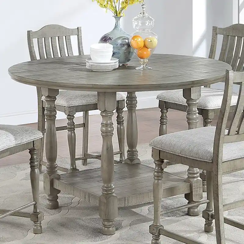 Round Wooden Counter Height Table with Shelf in Light Grey