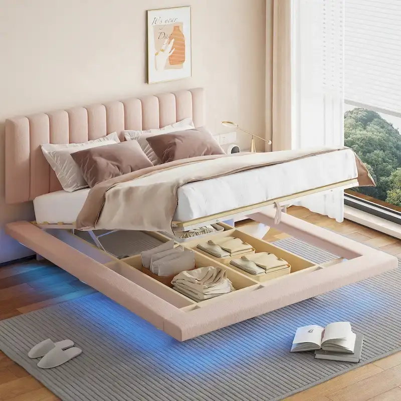 Pink / Gray / Beige Queen Velvet Floating Platform Bed with LED Strip Lighting, USB Port & 4 Storage Compartments
