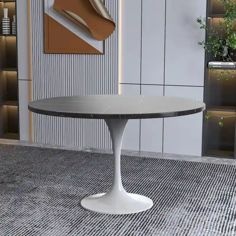 LeisureMod Verve 48 Round Dining Table with Stone TableTop and White Steel Base for Kitchen & Dining Room