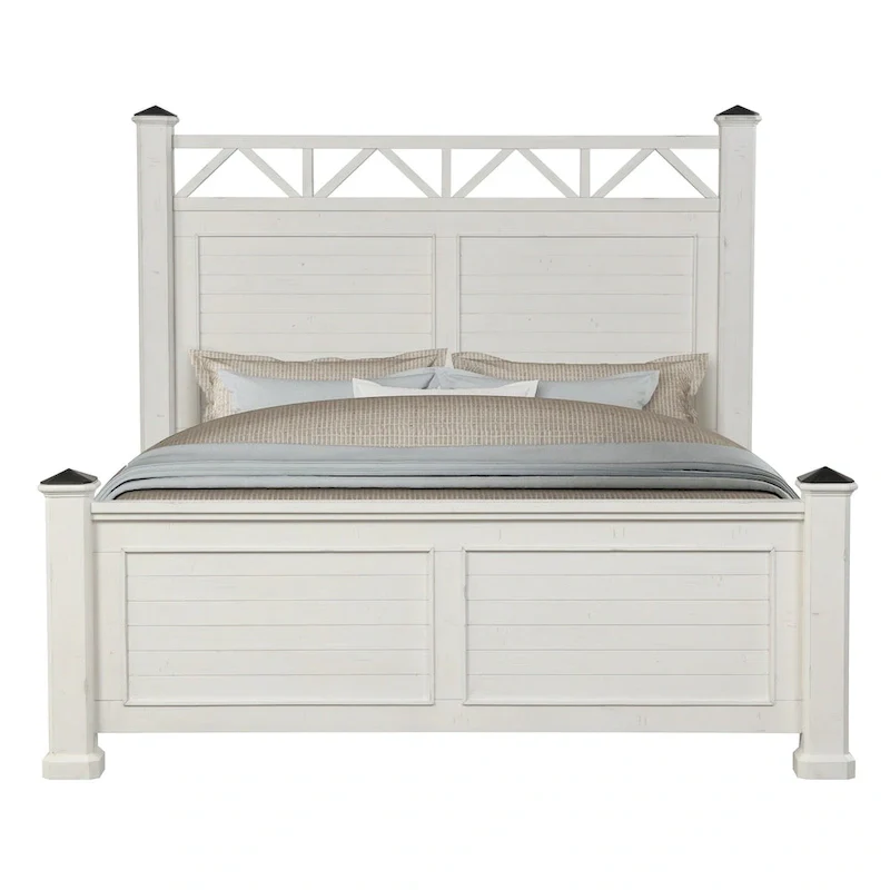 Antique White Wood Panel Bed, Slat Style, King / Queen