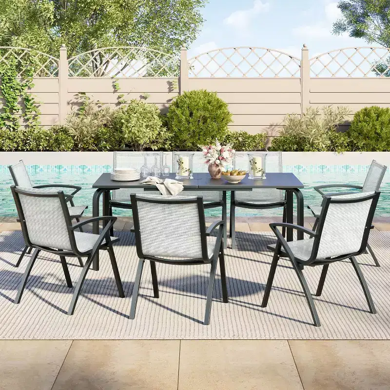 70.9 Outdoor Large Long Dining Table for 6-8,Water Proof Aluminum Patio Table with Slatted Top & Umbrella Hole for Backyard/Garden/Lawn