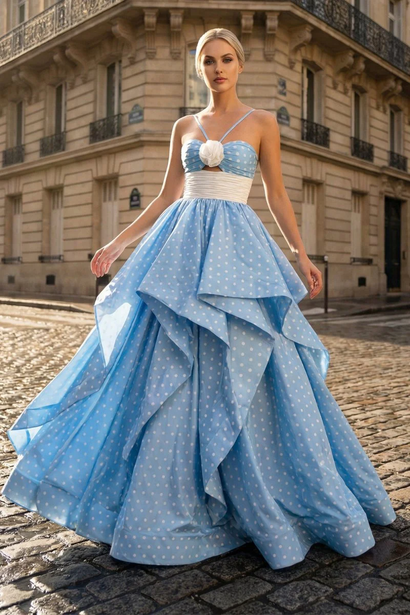 Blue - Halter Satin A Line Dot Prom Dresses With Flower