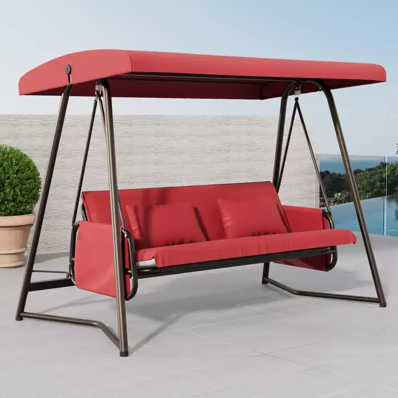 Whisen 93.8 in. W 3-Person Metal Patio Swing Chair Swing Bed with Cushion and Adjustable Canopy