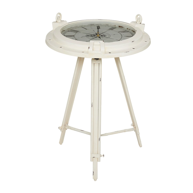 Metal Compass Accent Table with Clock and Clear Glass Top - White or Black - Roche River Decor
