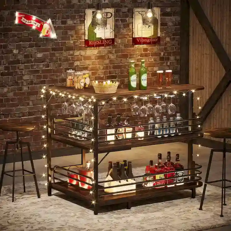 L-Shaped Home Bar Unit, 3 Tier Liquor Bar Table with Wine Glasses Holder, Corner Wine Bar Cabinet for Home Kitchen Pub