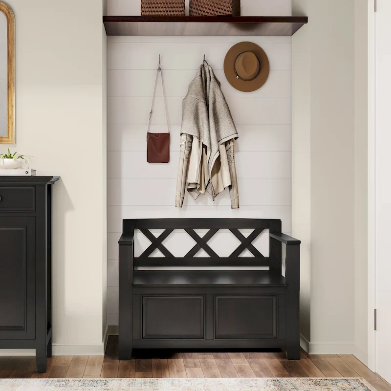 2-Seat Solid Wood Flip-Top Storage Bench – Hickory Brown / White