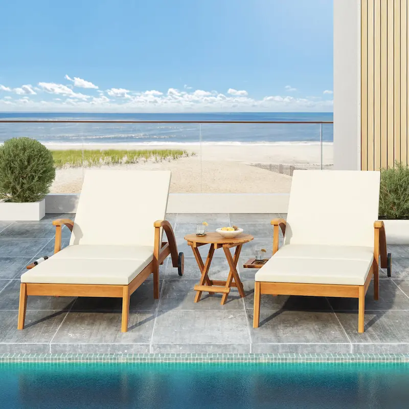 Christopher Knight Home -Parker Acacia Wood Outdoor Chaise Lounge With Wheel Set of 2
