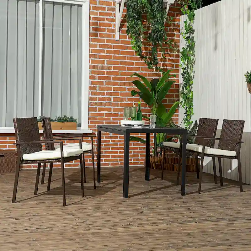Outsunny 4 Piece PE Rattan Outdoor Dining Chairs with Cushion, Patio Wicker Dining Chair Set with Backrest, Armrests for Patio