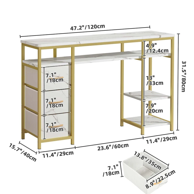 Moasis Makeup Vanity Table Computer Desk with 3 Fabric Drawers,Nail Art Desk Workstation